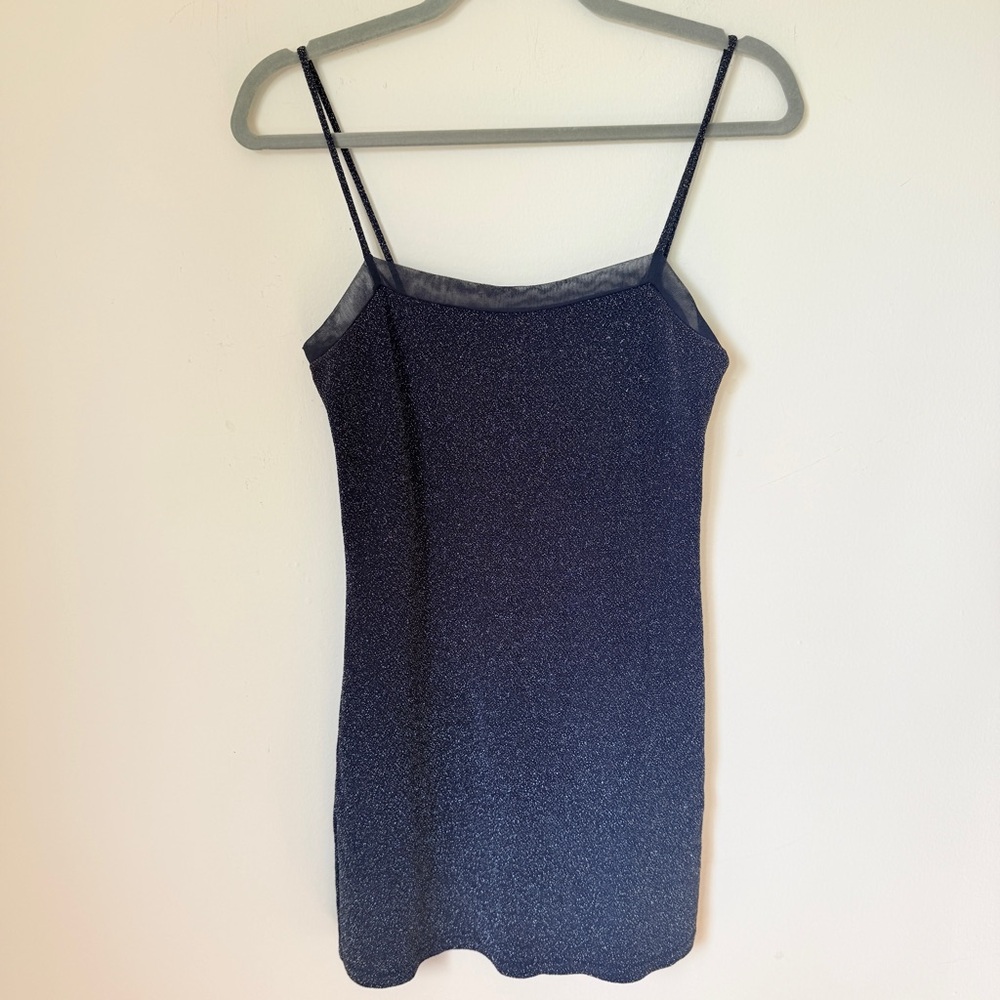 Vintage Y2K City Triangles Blue Glitter Spaghetti Mini Dress Whimsygoth Small